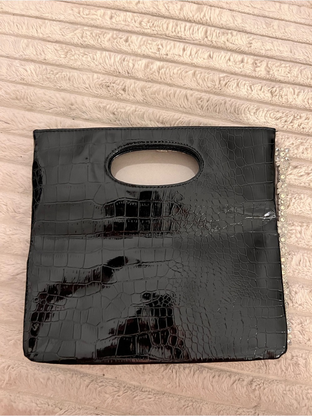 Vintage Black Croc-Embossed Patent Handheld Bag with Decorative Trim